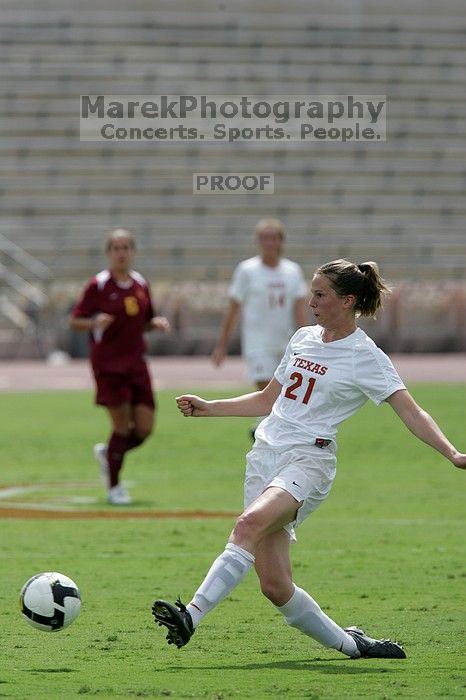 UT junior Emily Anderson (#21, Forward).  The Uniiversity of Texas women's soccer team won 2-1 against the Iowa State Cyclones Sunday afternoon, October 5, 2008.

Filename: SRM_20081005_12135600.jpg
Aperture: f/5.6
Shutter Speed: 1/2500
Body: Canon EOS-1D Mark II
Lens: Canon EF 300mm f/2.8 L IS