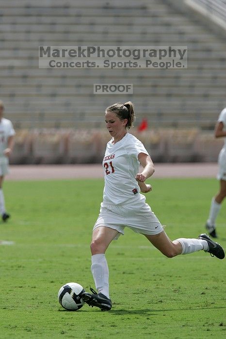 UT junior Emily Anderson (#21, Forward).  The Uniiversity of Texas women's soccer team won 2-1 against the Iowa State Cyclones Sunday afternoon, October 5, 2008.

Filename: SRM_20081005_12135698.jpg
Aperture: f/5.6
Shutter Speed: 1/2500
Body: Canon EOS-1D Mark II
Lens: Canon EF 300mm f/2.8 L IS