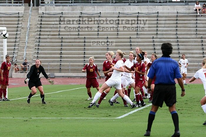 Reaction to a shot on Iowa's goal.  The University of Texas women's soccer team won 2-1 against the Iowa State Cyclones Sunday afternoon, October 5, 2008.

Filename: SRM_20081005_12175837.jpg
Aperture: f/5.6
Shutter Speed: 1/800
Body: Canon EOS 20D
Lens: Canon EF 80-200mm f/2.8 L