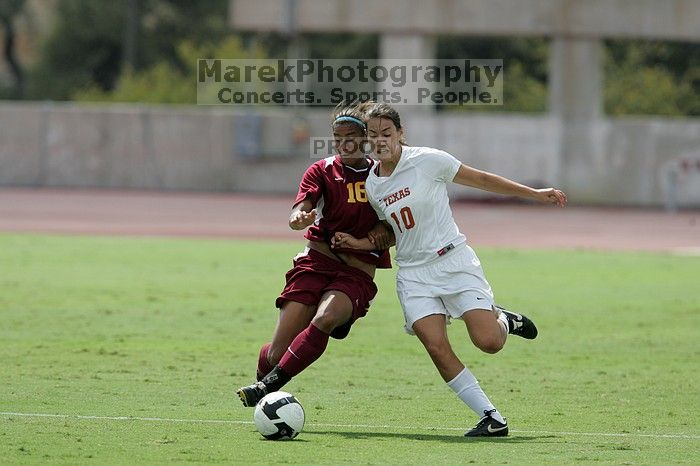 UT senior Stephanie Logterman (#10, Defender).  The University of Texas women's soccer team won 2-1 against the Iowa State Cyclones Sunday afternoon, October 5, 2008.

Filename: SRM_20081005_12221816.jpg
Aperture: f/5.0
Shutter Speed: 1/2500
Body: Canon EOS-1D Mark II
Lens: Canon EF 300mm f/2.8 L IS