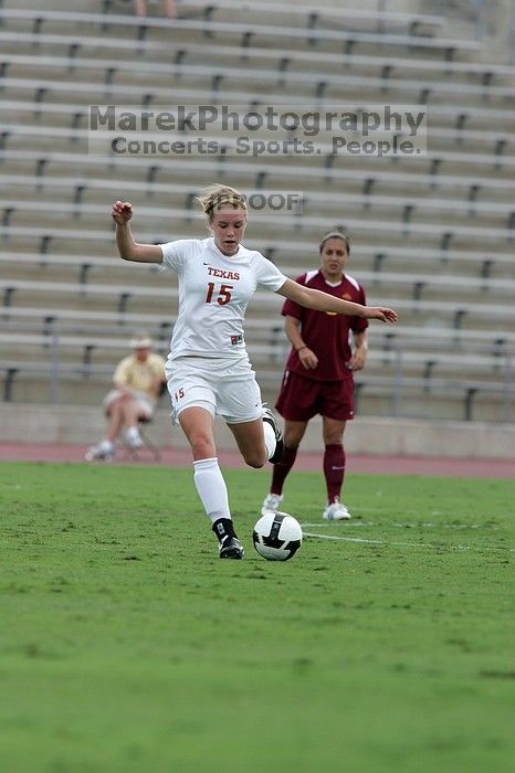 UT freshman Kylie Doniak (#15, Midfielder).  The University of Texas women's soccer team won 2-1 against the Iowa State Cyclones Sunday afternoon, October 5, 2008.

Filename: SRM_20081005_12244450.jpg
Aperture: f/5.6
Shutter Speed: 1/1600
Body: Canon EOS-1D Mark II
Lens: Canon EF 300mm f/2.8 L IS