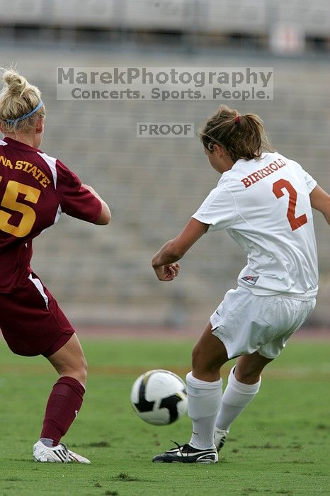 UT sophomore Kirsten Birkhold (#2, Forward and Midfielder).  The University of Texas women's soccer team won 2-1 against the Iowa State Cyclones Sunday afternoon, October 5, 2008.

Filename: SRM_20081005_12365058.jpg
Aperture: f/5.6
Shutter Speed: 1/1600
Body: Canon EOS-1D Mark II
Lens: Canon EF 300mm f/2.8 L IS