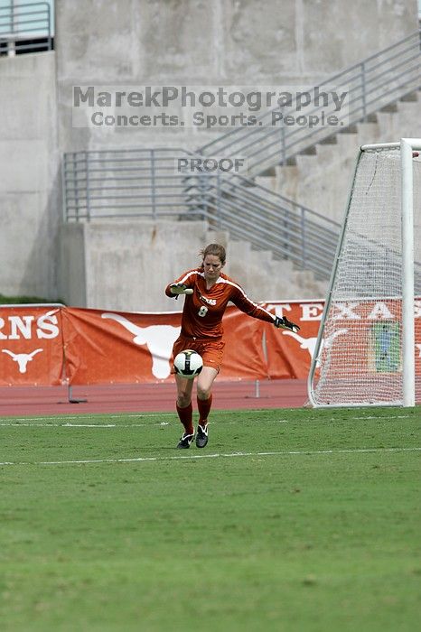 UT senior Dianna Pfenninger (#8, Goalkeeper) punts the ball in the second half.  The University of Texas women's soccer team won 2-1 against the Iowa State Cyclones Sunday afternoon, October 5, 2008.

Filename: SRM_20081005_13225694.jpg
Aperture: f/5.6
Shutter Speed: 1/2500
Body: Canon EOS-1D Mark II
Lens: Canon EF 300mm f/2.8 L IS