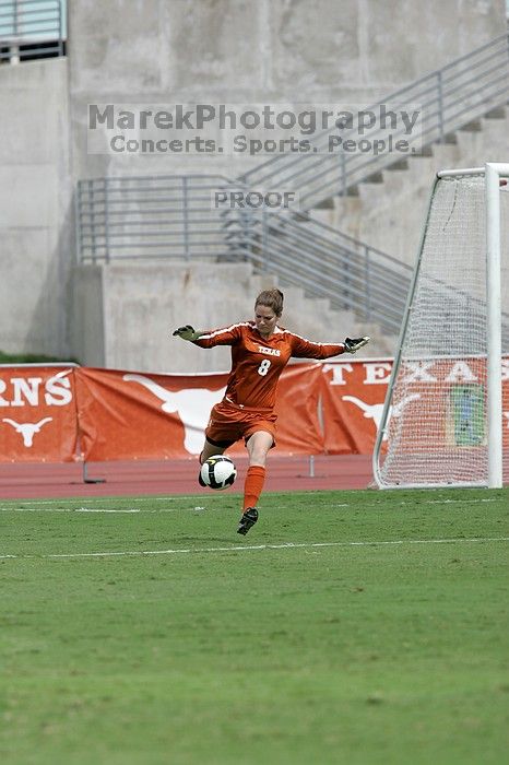 UT senior Dianna Pfenninger (#8, Goalkeeper) punts the ball in the second half.  The University of Texas women's soccer team won 2-1 against the Iowa State Cyclones Sunday afternoon, October 5, 2008.

Filename: SRM_20081005_13225895.jpg
Aperture: f/5.6
Shutter Speed: 1/2500
Body: Canon EOS-1D Mark II
Lens: Canon EF 300mm f/2.8 L IS