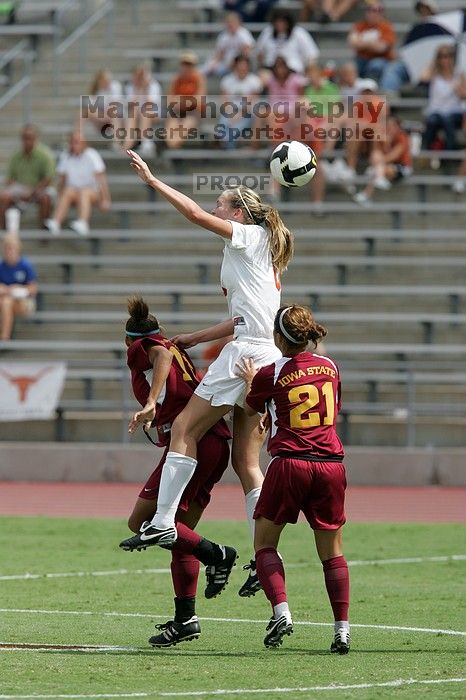 UT freshman Lucy Keith (#6, Midfielder) with the header in the second half. The University of Texas women's soccer team won 2-1 against the Iowa State Cyclones Sunday afternoon, October 5, 2008.
Filename: SRM_20081005_13230099.jpg
Aperture: f/5.6
Shutter Speed: 1/2500
Body: Canon EOS-1D Mark II
Lens: Canon EF 300mm f/2.8 L IS