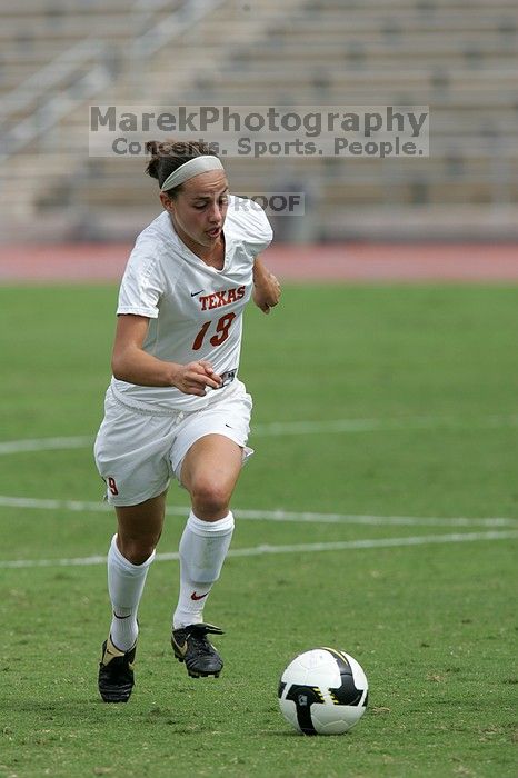 UT sophomore Erica Campanelli (#19, Defender) in the second half.  The University of Texas women's soccer team won 2-1 against the Iowa State Cyclones Sunday afternoon, October 5, 2008.

Filename: SRM_20081005_13234045.jpg
Aperture: f/5.6
Shutter Speed: 1/2000
Body: Canon EOS-1D Mark II
Lens: Canon EF 300mm f/2.8 L IS