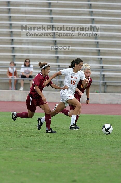 UT senior Stephanie Logterman (#10, Defender) in the second half.  The University of Texas women's soccer team won 2-1 against the Iowa State Cyclones Sunday afternoon, October 5, 2008.

Filename: SRM_20081005_13253800.jpg
Aperture: f/5.6
Shutter Speed: 1/1250
Body: Canon EOS-1D Mark II
Lens: Canon EF 300mm f/2.8 L IS