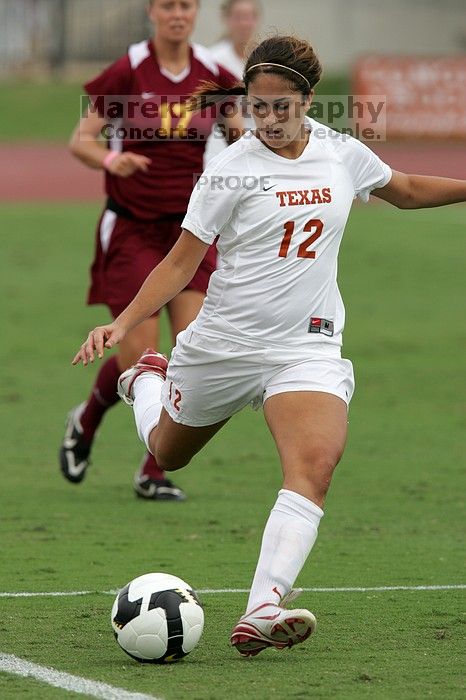 UT sophomore Alisha Ortiz (#12, Forward) in the second half.  The University of Texas women's soccer team won 2-1 against the Iowa State Cyclones Sunday afternoon, October 5, 2008.

Filename: SRM_20081005_13280676.jpg
Aperture: f/5.6
Shutter Speed: 1/1600
Body: Canon EOS-1D Mark II
Lens: Canon EF 300mm f/2.8 L IS