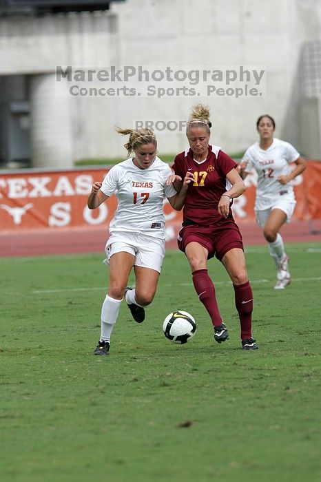 UT sophomore Kate Nicholson (#17, Forward and Midfielder) in the second half.  The University of Texas women's soccer team won 2-1 against the Iowa State Cyclones Sunday afternoon, October 5, 2008.

Filename: SRM_20081005_13365816.jpg
Aperture: f/5.6
Shutter Speed: 1/2000
Body: Canon EOS-1D Mark II
Lens: Canon EF 300mm f/2.8 L IS