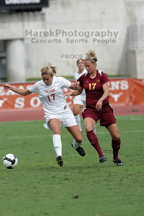 UT sophomore Kate Nicholson (#17, Forward and Midfielder) in the second half.  The University of Texas women's soccer team won 2-1 against the Iowa State Cyclones Sunday afternoon, October 5, 2008.

Filename: SRM_20081005_13365819.jpg
Aperture: f/5.6
Shutter Speed: 1/2000
Body: Canon EOS-1D Mark II
Lens: Canon EF 300mm f/2.8 L IS