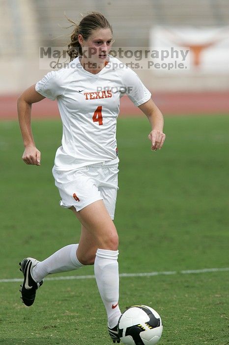 UT senior Jill Gilbeau (#4, Defender and Midfielder) in the second half.  The University of Texas women's soccer team won 2-1 against the Iowa State Cyclones Sunday afternoon, October 5, 2008.

Filename: SRM_20081005_13454209.jpg
Aperture: f/5.6
Shutter Speed: 1/2000
Body: Canon EOS-1D Mark II
Lens: Canon EF 300mm f/2.8 L IS