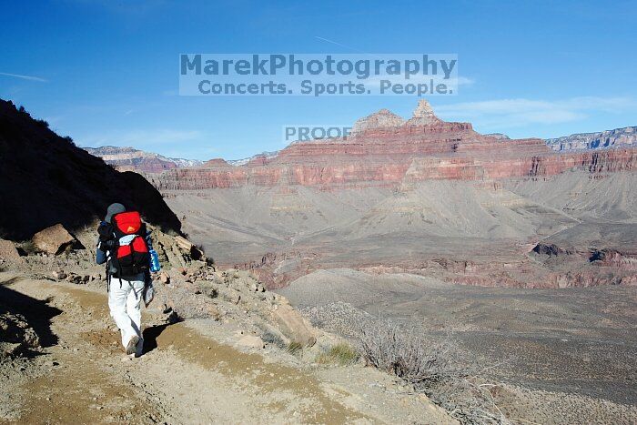 Beth Marek hiking down the South Kaibab trail, backpacking the Grand Canyon with Beth, Thursday, January 1, 2009.

Filename: SRM_20090101_14455052.jpg
Aperture: f/11.0
Shutter Speed: 1/125
Body: Canon EOS-1D Mark II
Lens: Canon EF 16-35mm f/2.8 L