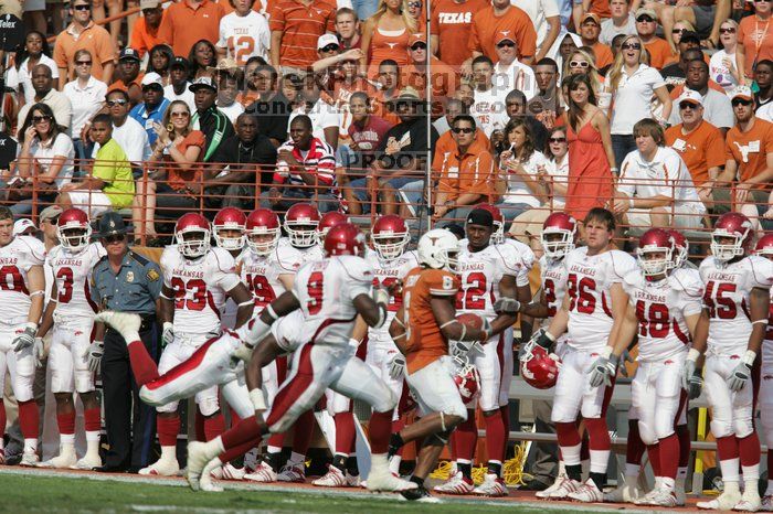 The University of Texas football team defeated the Arkansas Razorbacks with a score of 52-10 in Austin, TX on Saturday, September 27, 2008.

Filename: SRM_20080927_16272636.jpg
Aperture: f/5.0
Shutter Speed: 1/3200
Body: Canon EOS-1D Mark II
Lens: Canon EF 300mm f/2.8 L IS