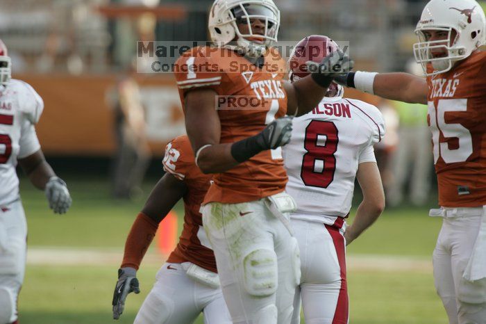 The University of Texas football team defeated the Arkansas Razorbacks with a score of 52-10 in Austin, TX on Saturday, September 27, 2008.

Filename: SRM_20080927_17034603.jpg
Aperture: f/5.6
Shutter Speed: 1/1000
Body: Canon EOS-1D Mark II
Lens: Canon EF 300mm f/2.8 L IS