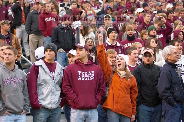 The University of Texas, Austin played Texas A&M in football at Kyle Field, College Station, on November 23, 2007.  UT lost to the Aggies, 30 to 38.

Filename: SRM_20071123_1802361.jpg
Aperture: f/2.8
Shutter Speed: 1/200
Body: Canon EOS-1D Mark II
Lens: Canon EF 80-200mm f/2.8 L