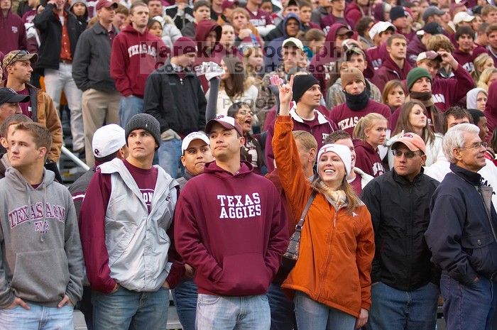 The University of Texas, Austin played Texas A&M in football at Kyle Field, College Station, on November 23, 2007.  UT lost to the Aggies, 30 to 38.

Filename: SRM_20071123_1802404.jpg
Aperture: f/2.8
Shutter Speed: 1/200
Body: Canon EOS-1D Mark II
Lens: Canon EF 80-200mm f/2.8 L