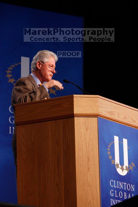 Former President Bill Clinton speaking at the CGIU meeting.  Day one of the 2nd Annual Clinton Global Initiative University (CGIU) meeting was held at The University of Texas at Austin, Friday, February 13, 2009.

Filename: SRM_20090213_16225963.jpg
Aperture: f/4.0
Shutter Speed: 1/100
Body: Canon EOS-1D Mark II
Lens: Canon EF 80-200mm f/2.8 L