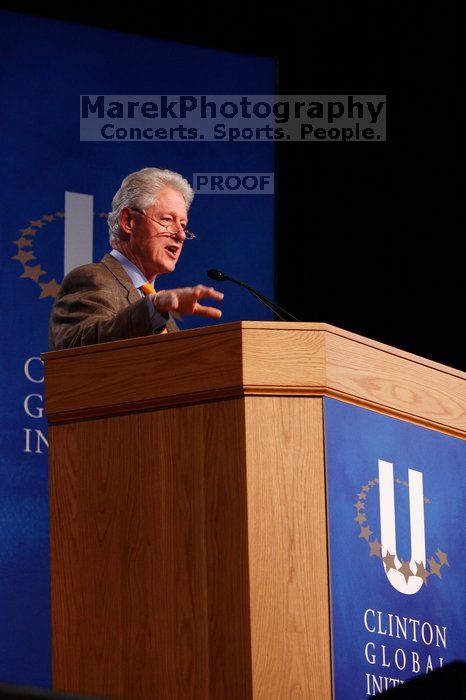 Former President Bill Clinton speaking at the CGIU meeting.  Day one of the 2nd Annual Clinton Global Initiative University (CGIU) meeting was held at The University of Texas at Austin, Friday, February 13, 2009.

Filename: SRM_20090213_16230067.jpg
Aperture: f/4.0
Shutter Speed: 1/100
Body: Canon EOS-1D Mark II
Lens: Canon EF 80-200mm f/2.8 L