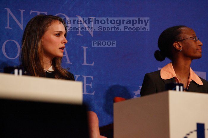 Natalie Portman (L) and Mambidzeni Madzivire (R), BME graduate student at Mayo Graduate School, at the first plenary session of the CGIU meeting.  Day one of the 2nd Annual Clinton Global Initiative University (CGIU) meeting was held at The University of Texas at Austin, Friday, February 13, 2009.

Filename: SRM_20090213_16531215.jpg
Aperture: f/4.0
Shutter Speed: 1/320
Body: Canon EOS-1D Mark II
Lens: Canon EF 80-200mm f/2.8 L