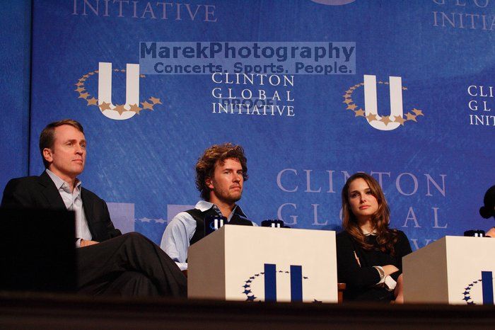 Paul Bell (L), president of Dell Global Public, Blake Mycoskie (C), founder of TOMS shoes, and Natalie Portman (R) at the opening plenary session of the CGIU meeting.  Day one of the 2nd Annual Clinton Global Initiative University (CGIU) meeting was held at The University of Texas at Austin, Friday, February 13, 2009.

Filename: SRM_20090213_16555630.jpg
Aperture: f/4.0
Shutter Speed: 1/250
Body: Canon EOS-1D Mark II
Lens: Canon EF 80-200mm f/2.8 L