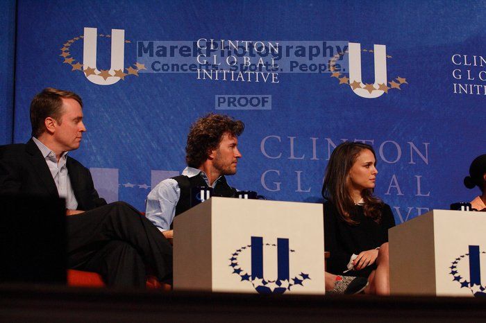 Paul Bell (1-L), president of Dell Global Public, Blake Mycoskie (2-L), founder of TOMS shoes, Natalie Portman (2-L), and Mambidzeni Madzivire (1-R), BME graduate student at Mayo Graduate School, at the first plenary session of the CGIU meeting.  Day one of the 2nd Annual Clinton Global Initiative University (CGIU) meeting was held at The University of Texas at Austin, Friday, February 13, 2009.

Filename: SRM_20090213_16565743.jpg
Aperture: f/4.0
Shutter Speed: 1/320
Body: Canon EOS-1D Mark II
Lens: Canon EF 80-200mm f/2.8 L