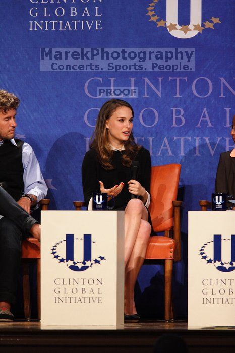 Blake Mycoskie (L), founder of TOMS shoes, and Natalie Portman (R) at the first plenary session of the CGIU meeting.  Day one of the 2nd Annual Clinton Global Initiative University (CGIU) meeting was held at The University of Texas at Austin, Friday, February 13, 2009.

Filename: SRM_20090213_17055634.jpg
Aperture: f/4.0
Shutter Speed: 1/250
Body: Canon EOS 20D
Lens: Canon EF 300mm f/2.8 L IS