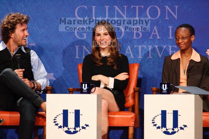 Blake Mycoskie (L), founder of TOMS shoes, Natalie Portman (C), and Mambidzeni Madzivire (R), BME graduate student at Mayo Graduate School, at the first plenary session of the CGIU meeting.  Day one of the 2nd Annual Clinton Global Initiative University (CGIU) meeting was held at The University of Texas at Austin, Friday, February 13, 2009.

Filename: SRM_20090213_17144491.jpg
Aperture: f/5.6
Shutter Speed: 1/200
Body: Canon EOS-1D Mark II
Lens: Canon EF 300mm f/2.8 L IS