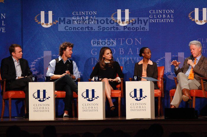 Paul Bell (1-L), president of Dell Global Public, Blake Mycoskie (2-L), founder of TOMS shoes, Natalie Portman (C), Mambidzeni Madzivire (2-R), BME graduate student at Mayo Graduate School, and Former President Bill Clinton (1-R) at the first plenary session of the CGIU meeting.  Day one of the 2nd Annual Clinton Global Initiative University (CGIU) meeting was held at The University of Texas at Austin, Friday, February 13, 2009.

Filename: SRM_20090213_17251018.jpg
Aperture: f/4.0
Shutter Speed: 1/400
Body: Canon EOS-1D Mark II
Lens: Canon EF 300mm f/2.8 L IS