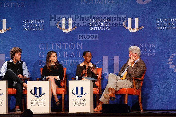 Blake Mycoskie (1-L), founder of TOMS shoes, Natalie Portman (2-L), Mambidzeni Madzivire (2-R), BME graduate student at Mayo Graduate School, and Former President Bill Clinton (1-R) at the first plenary session of the CGIU meeting.  Day one of the 2nd Annual Clinton Global Initiative University (CGIU) meeting was held at The University of Texas at Austin, Friday, February 13, 2009.

Filename: SRM_20090213_17291652.jpg
Aperture: f/5.0
Shutter Speed: 1/200
Body: Canon EOS-1D Mark II
Lens: Canon EF 300mm f/2.8 L IS