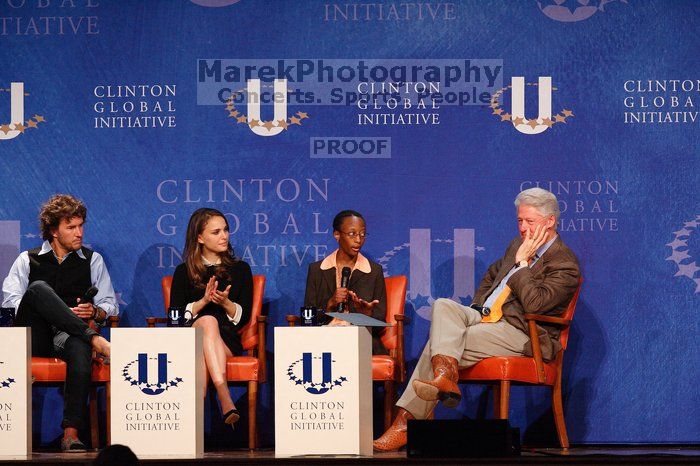 Blake Mycoskie (1-L), founder of TOMS shoes, Natalie Portman (2-L), Mambidzeni Madzivire (2-R), BME graduate student at Mayo Graduate School, and Former President Bill Clinton (1-R) at the first plenary session of the CGIU meeting.  Day one of the 2nd Annual Clinton Global Initiative University (CGIU) meeting was held at The University of Texas at Austin, Friday, February 13, 2009.

Filename: SRM_20090213_17291754.jpg
Aperture: f/5.0
Shutter Speed: 1/200
Body: Canon EOS-1D Mark II
Lens: Canon EF 300mm f/2.8 L IS