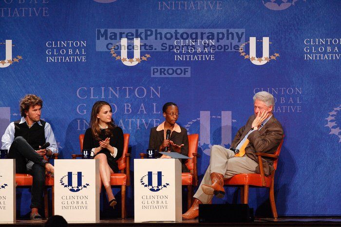 Blake Mycoskie (1-L), founder of TOMS shoes, Natalie Portman (2-L), Mambidzeni Madzivire (2-R), BME graduate student at Mayo Graduate School, and Former President Bill Clinton (1-R) at the first plenary session of the CGIU meeting.  Day one of the 2nd Annual Clinton Global Initiative University (CGIU) meeting was held at The University of Texas at Austin, Friday, February 13, 2009.

Filename: SRM_20090213_17291755.jpg
Aperture: f/5.0
Shutter Speed: 1/200
Body: Canon EOS-1D Mark II
Lens: Canon EF 300mm f/2.8 L IS