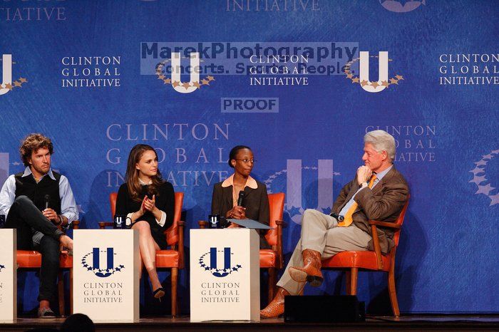 Blake Mycoskie (1-L), founder of TOMS shoes, Natalie Portman (2-L), Mambidzeni Madzivire (2-R), BME graduate student at Mayo Graduate School, and Former President Bill Clinton (1-R) at the first plenary session of the CGIU meeting.  Day one of the 2nd Annual Clinton Global Initiative University (CGIU) meeting was held at The University of Texas at Austin, Friday, February 13, 2009.

Filename: SRM_20090213_17291959.jpg
Aperture: f/5.0
Shutter Speed: 1/200
Body: Canon EOS-1D Mark II
Lens: Canon EF 300mm f/2.8 L IS