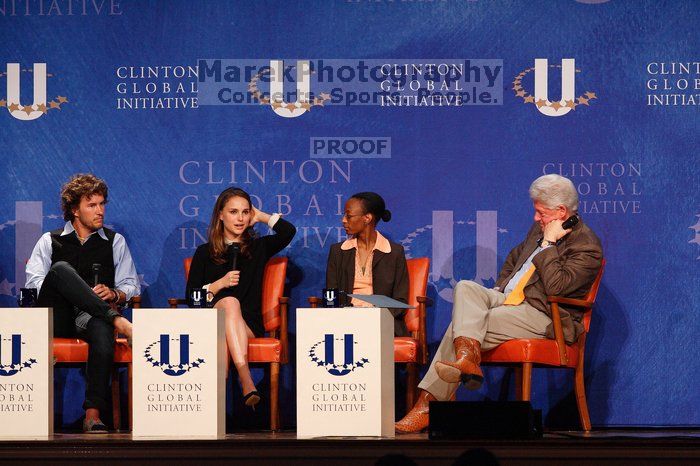 Blake Mycoskie (1-L), founder of TOMS shoes, Natalie Portman (2-L), Mambidzeni Madzivire (2-R), BME graduate student at Mayo Graduate School, and Former President Bill Clinton (1-R) at the first plenary session of the CGIU meeting.  Day one of the 2nd Annual Clinton Global Initiative University (CGIU) meeting was held at The University of Texas at Austin, Friday, February 13, 2009.

Filename: SRM_20090213_17293961.jpg
Aperture: f/5.0
Shutter Speed: 1/250
Body: Canon EOS-1D Mark II
Lens: Canon EF 300mm f/2.8 L IS