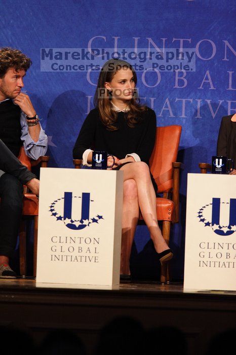 Blake Mycoskie (L), founder of TOMS shoes, and Natalie Portman (R) at the first plenary session of the CGIU meeting.  Day one of the 2nd Annual Clinton Global Initiative University (CGIU) meeting was held at The University of Texas at Austin, Friday, February 13, 2009.

Filename: SRM_20090213_17431965.jpg
Aperture: f/4.0
Shutter Speed: 1/250
Body: Canon EOS 20D
Lens: Canon EF 300mm f/2.8 L IS