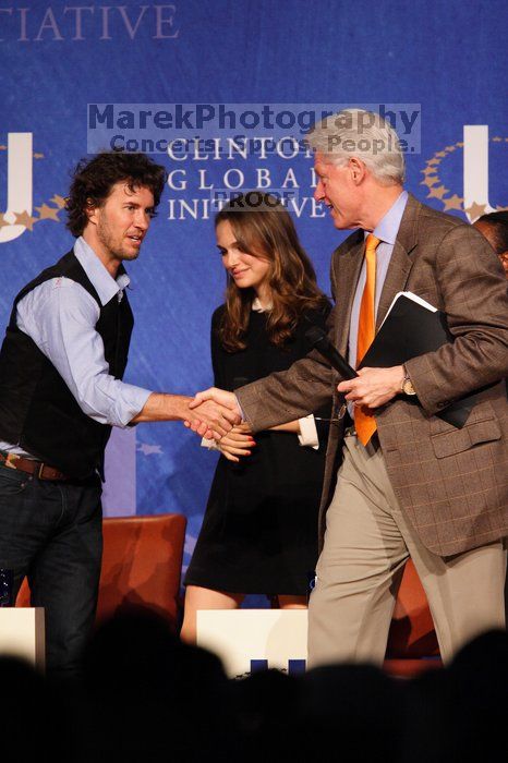 Blake Mycoskie (L), founder of TOMS shoes, Natalie Portman (C), and Former President Bill Clinton (R) at the first plenary session of the CGIU meeting.  Day one of the 2nd Annual Clinton Global Initiative University (CGIU) meeting was held at The University of Texas at Austin, Friday, February 13, 2009.

Filename: SRM_20090213_17441383.jpg
Aperture: f/4.0
Shutter Speed: 1/160
Body: Canon EOS 20D
Lens: Canon EF 300mm f/2.8 L IS