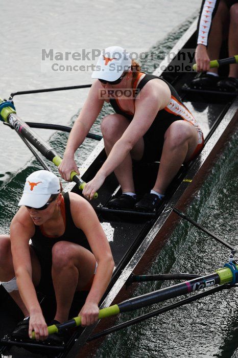 The Texas Rowing first varsity eight team, with coxswain Mary Cait McPherson, stroke Jen VanderMaarel, Felicia Izaguirre-Werner, Meg George, Nancy Arrington, Jelena Zunic, Karli Sheahan, Colleen Irby and Sara Cottingham, finished with a time of 6:44.7, defeating Duke which completed the race in 6:49.9. This was the second session of the Longhorn Invitational, Saturday morning, March 21, 2009 on Lady Bird Lake.  They later won one more race against UCF on Sunday.

Filename: SRM_20090321_08402469.jpg
Aperture: f/2.8
Shutter Speed: 1/2000
Body: Canon EOS-1D Mark II
Lens: Canon EF 300mm f/2.8 L IS