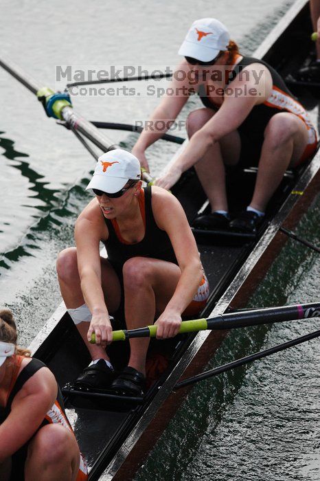 The Texas Rowing first varsity eight team, with coxswain Mary Cait McPherson, stroke Jen VanderMaarel, Felicia Izaguirre-Werner, Meg George, Nancy Arrington, Jelena Zunic, Karli Sheahan, Colleen Irby and Sara Cottingham, finished with a time of 6:44.7, defeating Duke which completed the race in 6:49.9. This was the second session of the Longhorn Invitational, Saturday morning, March 21, 2009 on Lady Bird Lake.  They later won one more race against UCF on Sunday.

Filename: SRM_20090321_08402471.jpg
Aperture: f/2.8
Shutter Speed: 1/2000
Body: Canon EOS-1D Mark II
Lens: Canon EF 300mm f/2.8 L IS