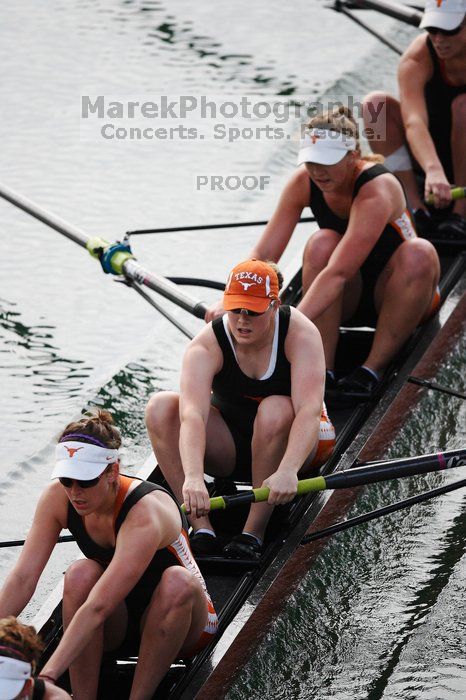 The Texas Rowing first varsity eight team, with coxswain Mary Cait McPherson, stroke Jen VanderMaarel, Felicia Izaguirre-Werner, Meg George, Nancy Arrington, Jelena Zunic, Karli Sheahan, Colleen Irby and Sara Cottingham, finished with a time of 6:44.7, defeating Duke which completed the race in 6:49.9. This was the second session of the Longhorn Invitational, Saturday morning, March 21, 2009 on Lady Bird Lake.  They later won one more race against UCF on Sunday.

Filename: SRM_20090321_08402679.jpg
Aperture: f/2.8
Shutter Speed: 1/2000
Body: Canon EOS-1D Mark II
Lens: Canon EF 300mm f/2.8 L IS