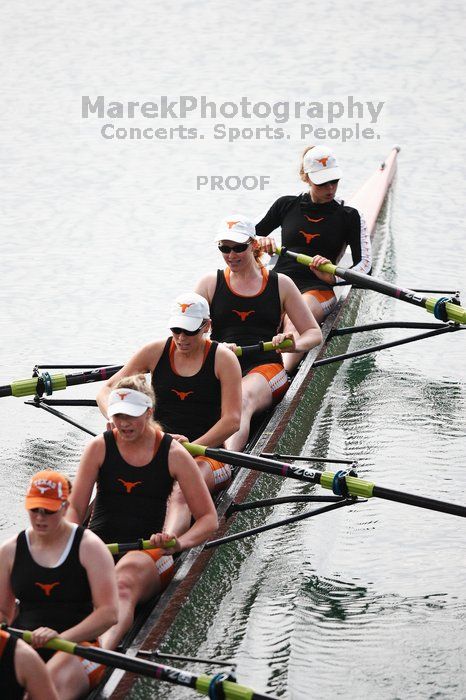 The Texas Rowing first varsity eight team, with coxswain Mary Cait McPherson, stroke Jen VanderMaarel, Felicia Izaguirre-Werner, Meg George, Nancy Arrington, Jelena Zunic, Karli Sheahan, Colleen Irby and Sara Cottingham, finished with a time of 6:44.7, defeating Duke which completed the race in 6:49.9. This was the second session of the Longhorn Invitational, Saturday morning, March 21, 2009 on Lady Bird Lake.  They later won one more race against UCF on Sunday.

Filename: SRM_20090321_08402781.jpg
Aperture: f/2.8
Shutter Speed: 1/2000
Body: Canon EOS-1D Mark II
Lens: Canon EF 300mm f/2.8 L IS