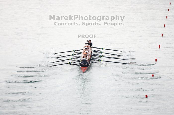 The Texas Rowing first varsity eight team, with coxswain Mary Cait McPherson, stroke Jen VanderMaarel, Felicia Izaguirre-Werner, Meg George, Nancy Arrington, Jelena Zunic, Karli Sheahan, Colleen Irby and Sara Cottingham, finished with a time of 6:44.7, defeating Duke which completed the race in 6:49.9. This was the second session of the Longhorn Invitational, Saturday morning, March 21, 2009 on Lady Bird Lake.  They later won one more race against UCF on Sunday.

Filename: SRM_20090321_08404387.jpg
Aperture: f/2.8
Shutter Speed: 1/2000
Body: Canon EOS-1D Mark II
Lens: Canon EF 300mm f/2.8 L IS