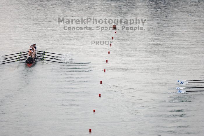 The Texas Rowing first varsity eight team, with coxswain Mary Cait McPherson, stroke Jen VanderMaarel, Felicia Izaguirre-Werner, Meg George, Nancy Arrington, Jelena Zunic, Karli Sheahan, Colleen Irby and Sara Cottingham, finished with a time of 6:44.7, defeating Duke which completed the race in 6:49.9. This was the second session of the Longhorn Invitational, Saturday morning, March 21, 2009 on Lady Bird Lake.  They later won one more race against UCF on Sunday.

Filename: SRM_20090321_08405190.jpg
Aperture: f/2.8
Shutter Speed: 1/3200
Body: Canon EOS-1D Mark II
Lens: Canon EF 300mm f/2.8 L IS