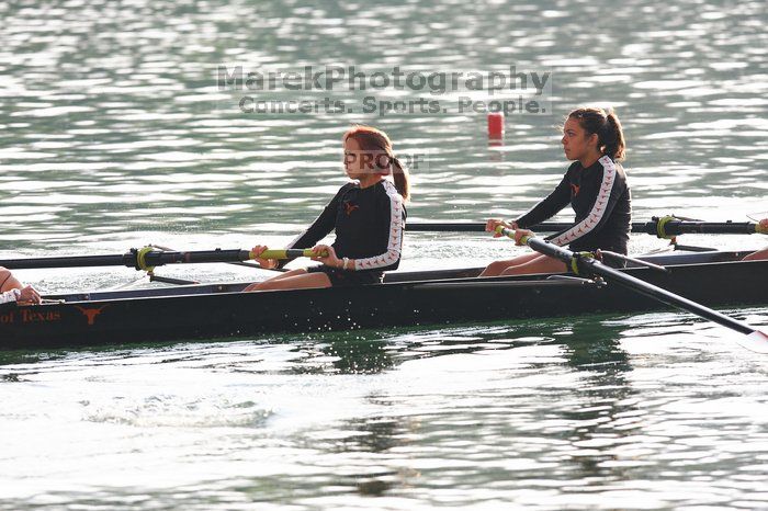 The Texas Rowing second novice eight team, with coxswain Emma Dirks, Sharon Dietz, Lucia Babar, Kait Postle, Ashley Hiatt, Andrea Janowski, Madonna Bregon, Daryn Ofczarzak and Dani Mohling, finished with a time of 7:34.5, defeating Iowa which completed the race in 7:35.6. This was the second session of the Longhorn Invitational, Saturday morning, March 21, 2009 on Lady Bird Lake.  They won a total of three races over the weekend.

Filename: SRM_20090321_08511026.jpg
Aperture: f/4.0
Shutter Speed: 1/1600
Body: Canon EOS-1D Mark II
Lens: Canon EF 300mm f/2.8 L IS