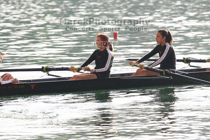 The Texas Rowing second novice eight team, with coxswain Emma Dirks, Sharon Dietz, Lucia Babar, Kait Postle, Ashley Hiatt, Andrea Janowski, Madonna Bregon, Daryn Ofczarzak and Dani Mohling, finished with a time of 7:34.5, defeating Iowa which completed the race in 7:35.6. This was the second session of the Longhorn Invitational, Saturday morning, March 21, 2009 on Lady Bird Lake.  They won a total of three races over the weekend.

Filename: SRM_20090321_08511027.jpg
Aperture: f/4.0
Shutter Speed: 1/1600
Body: Canon EOS-1D Mark II
Lens: Canon EF 300mm f/2.8 L IS