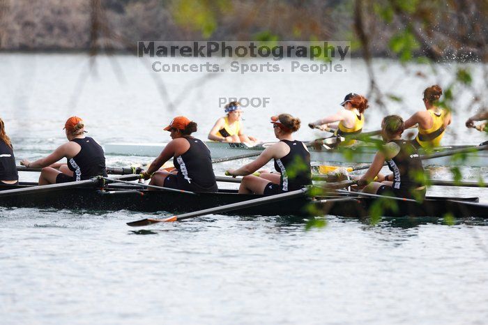 The Texas Rowing second novice eight team, with coxswain Emma Dirks, Sharon Dietz, Lucia Babar, Kait Postle, Ashley Hiatt, Andrea Janowski, Madonna Bregon, Daryn Ofczarzak and Dani Mohling, finished with a time of 7:34.5, defeating Iowa which completed the race in 7:35.6. This was the second session of the Longhorn Invitational, Saturday morning, March 21, 2009 on Lady Bird Lake.  They won a total of three races over the weekend.

Filename: SRM_20090321_09350743.jpg
Aperture: f/4.0
Shutter Speed: 1/1250
Body: Canon EOS-1D Mark II
Lens: Canon EF 300mm f/2.8 L IS