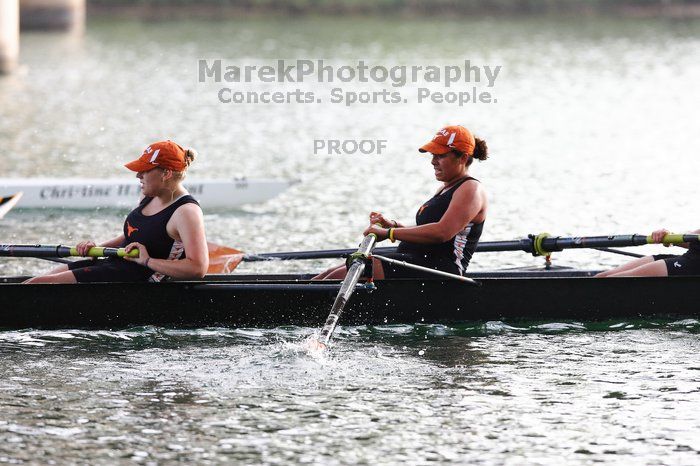 The Texas Rowing second novice eight team, with coxswain Emma Dirks, Sharon Dietz, Lucia Babar, Kait Postle, Ashley Hiatt, Andrea Janowski, Madonna Bregon, Daryn Ofczarzak and Dani Mohling, finished with a time of 7:34.5, defeating Iowa which completed the race in 7:35.6. This was the second session of the Longhorn Invitational, Saturday morning, March 21, 2009 on Lady Bird Lake.  They won a total of three races over the weekend.

Filename: SRM_20090321_09351759.jpg
Aperture: f/4.0
Shutter Speed: 1/1250
Body: Canon EOS-1D Mark II
Lens: Canon EF 300mm f/2.8 L IS