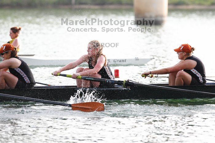 The Texas Rowing second novice eight team, with coxswain Emma Dirks, Sharon Dietz, Lucia Babar, Kait Postle, Ashley Hiatt, Andrea Janowski, Madonna Bregon, Daryn Ofczarzak and Dani Mohling, finished with a time of 7:34.5, defeating Iowa which completed the race in 7:35.6. This was the second session of the Longhorn Invitational, Saturday morning, March 21, 2009 on Lady Bird Lake.  They won a total of three races over the weekend.

Filename: SRM_20090321_09351864.jpg
Aperture: f/4.0
Shutter Speed: 1/1250
Body: Canon EOS-1D Mark II
Lens: Canon EF 300mm f/2.8 L IS