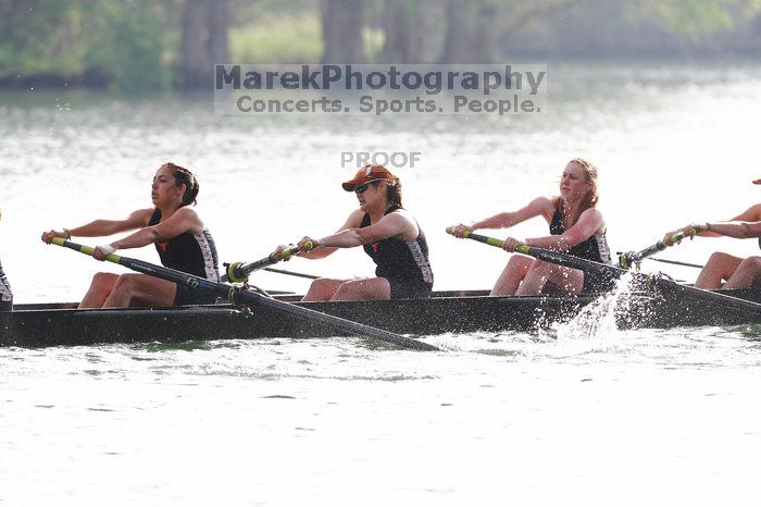 The Texas Rowing second novice eight team, with coxswain Emma Dirks, Sharon Dietz, Lucia Babar, Kait Postle, Ashley Hiatt, Andrea Janowski, Madonna Bregon, Daryn Ofczarzak and Dani Mohling, finished with a time of 7:34.5, defeating Iowa which completed the race in 7:35.6. This was the second session of the Longhorn Invitational, Saturday morning, March 21, 2009 on Lady Bird Lake.  They won a total of three races over the weekend.

Filename: SRM_20090321_09352266.jpg
Aperture: f/4.0
Shutter Speed: 1/1250
Body: Canon EOS-1D Mark II
Lens: Canon EF 300mm f/2.8 L IS