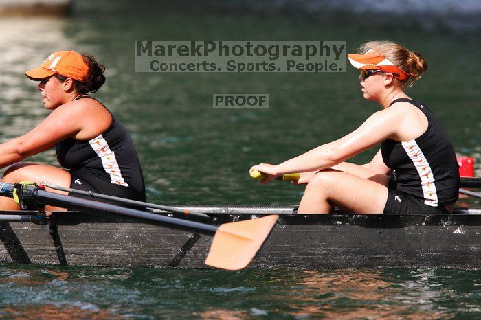 The Texas Rowing second novice eight team, with coxswain Emma Dirks, Sharon Dietz, Lucia Babar, Kait Postle, Ashley Hiatt, Andrea Janowski, Madonna Bregon, Daryn Ofczarzak and Dani Mohling, finished with a time of 8:07.5, losing to Wisconsin, which completed the race in 7:47.1. This was the third session of the Longhorn Invitational, Saturday afternoon, March 21, 2009 on Lady Bird Lake.  They won a total of three races over the weekend.

Filename: SRM_20090321_16014114.jpg
Aperture: f/5.6
Shutter Speed: 1/1600
Body: Canon EOS-1D Mark II
Lens: Canon EF 300mm f/2.8 L IS