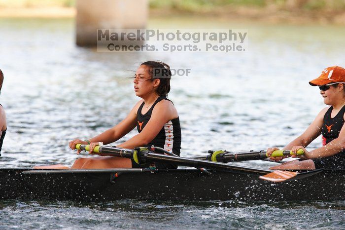 The Texas Rowing second novice eight team, with coxswain Emma Dirks, Sharon Dietz, Lucia Babar, Kait Postle, Ashley Hiatt, Andrea Janowski, Madonna Bregon, Daryn Ofczarzak and Dani Mohling, finished with a time of 8:07.5, losing to Wisconsin, which completed the race in 7:47.1. This was the third session of the Longhorn Invitational, Saturday afternoon, March 21, 2009 on Lady Bird Lake.  They won a total of three races over the weekend.

Filename: SRM_20090321_16014616.jpg
Aperture: f/5.6
Shutter Speed: 1/1000
Body: Canon EOS-1D Mark II
Lens: Canon EF 300mm f/2.8 L IS