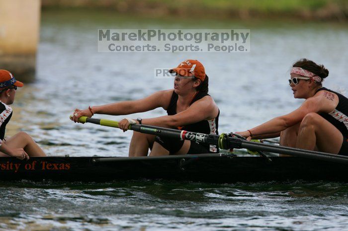 The Texas Rowing first novice eight team finished with a time of 7:51.3, losing to Wisconsin, which completed the race in 7:39.4. This was the third session of the Longhorn Invitational, Saturday afternoon, March 21, 2009 on Lady Bird Lake.

Filename: SRM_20090321_16103454.jpg
Aperture: f/4.0
Shutter Speed: 1/1250
Body: Canon EOS-1D Mark II
Lens: Canon EF 300mm f/2.8 L IS